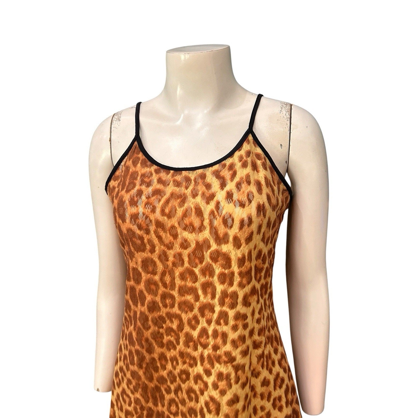 Vintage 90s Leopard Print Mesh Slip Nightgown Lingerie Made USA Small ^