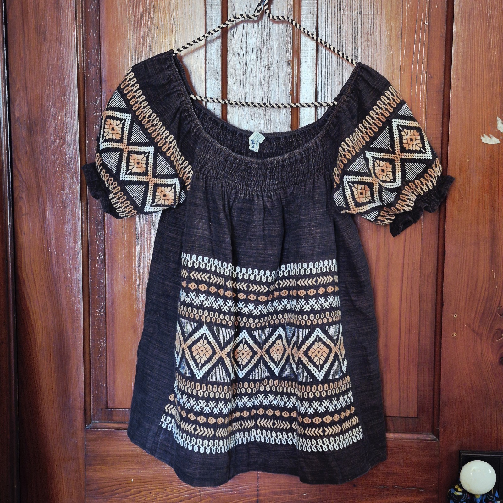Vintage Maya Palace Guatemala Brown Cotton Embroidered Folk Art Blouse Geometric