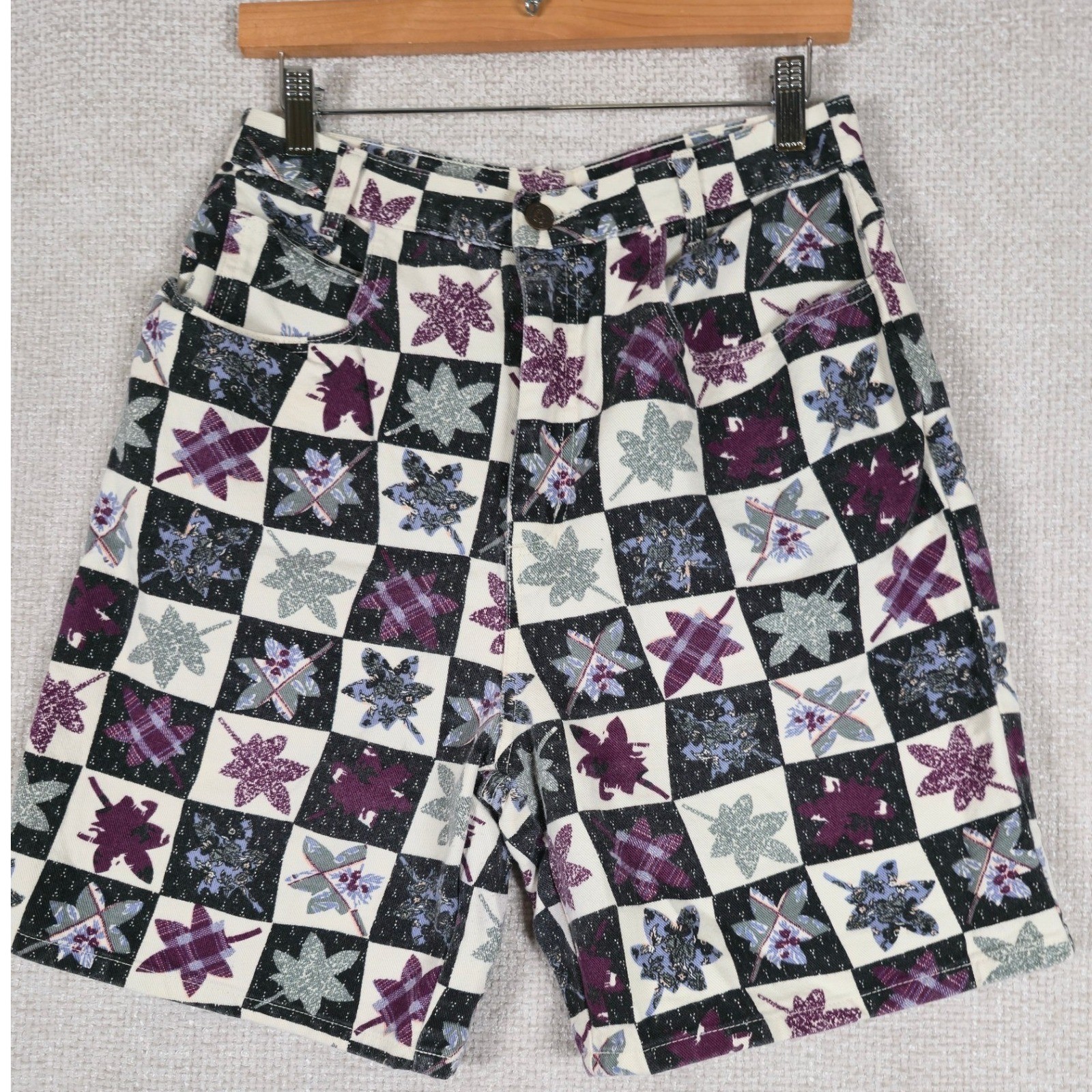 Paris Sport Club Vintage 90s High Waisted Checkered Leaf Print Denim Shorts 12