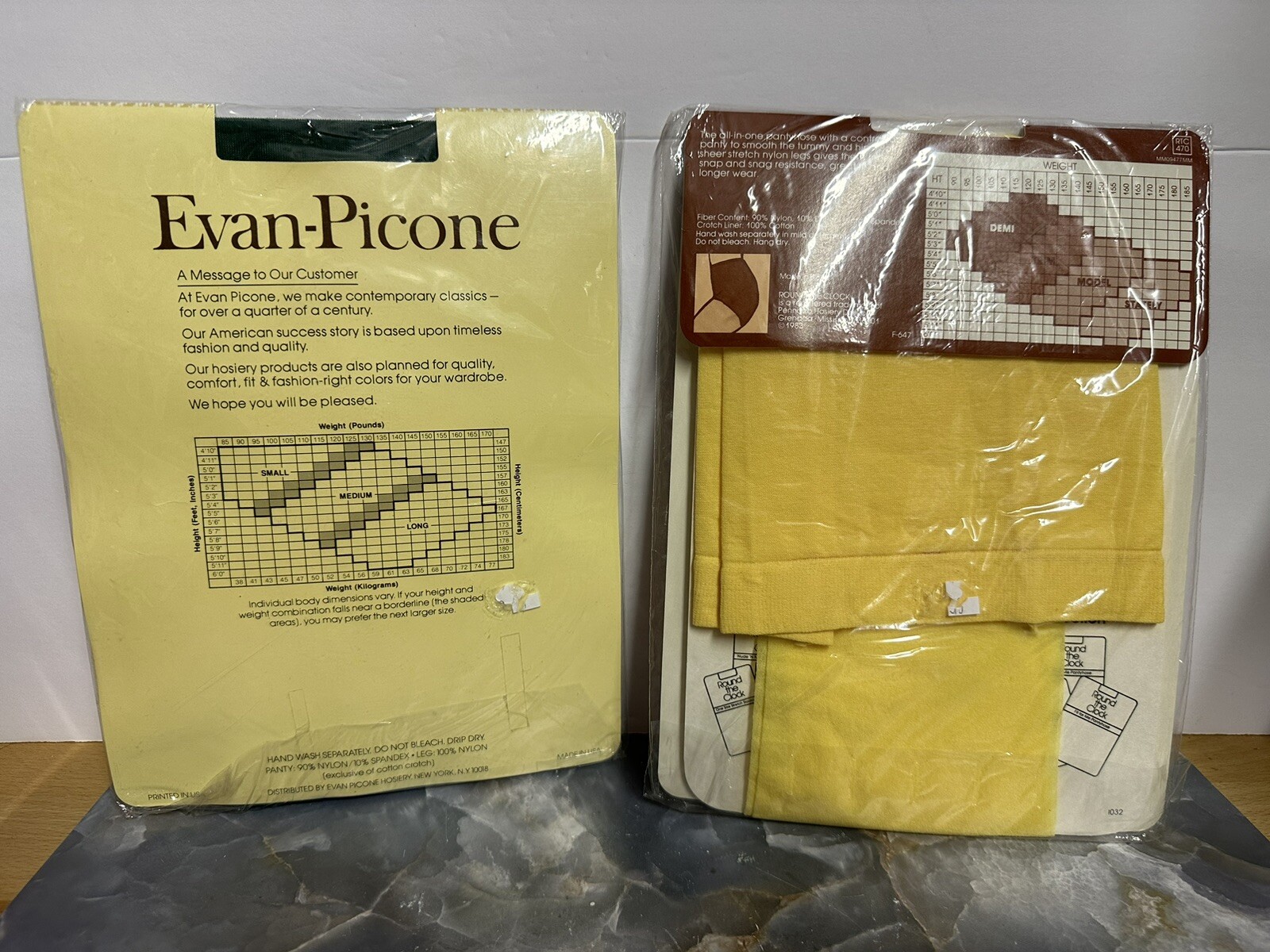 Vintage 80s Nylon Stocking Evan-Picone Emerald Round The Clock Daffodil Sheer