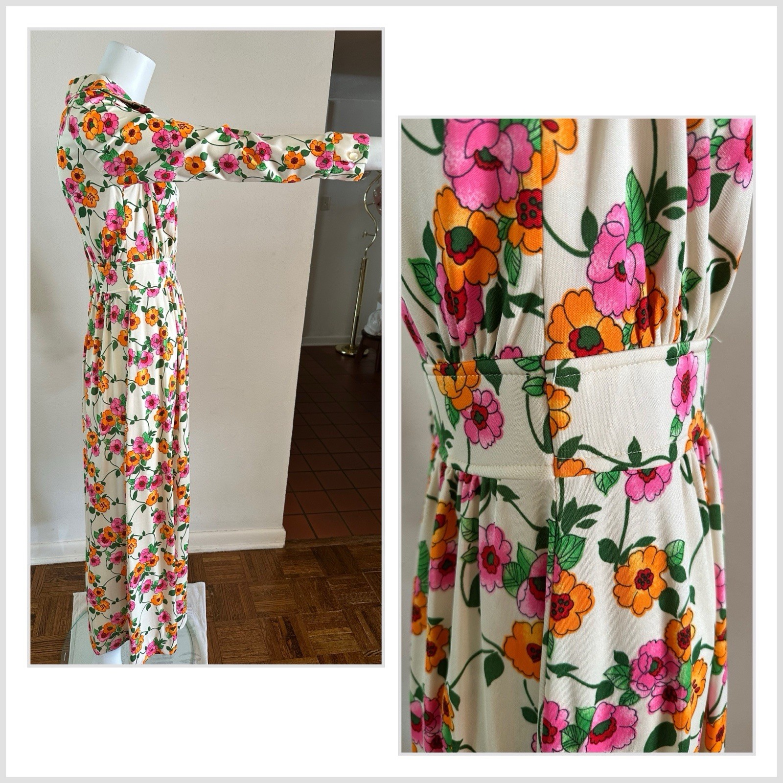 1970s Floral Maxi Dress Wide Collar Scovill Zip Mod Boho Hostess Novelty VTG S M