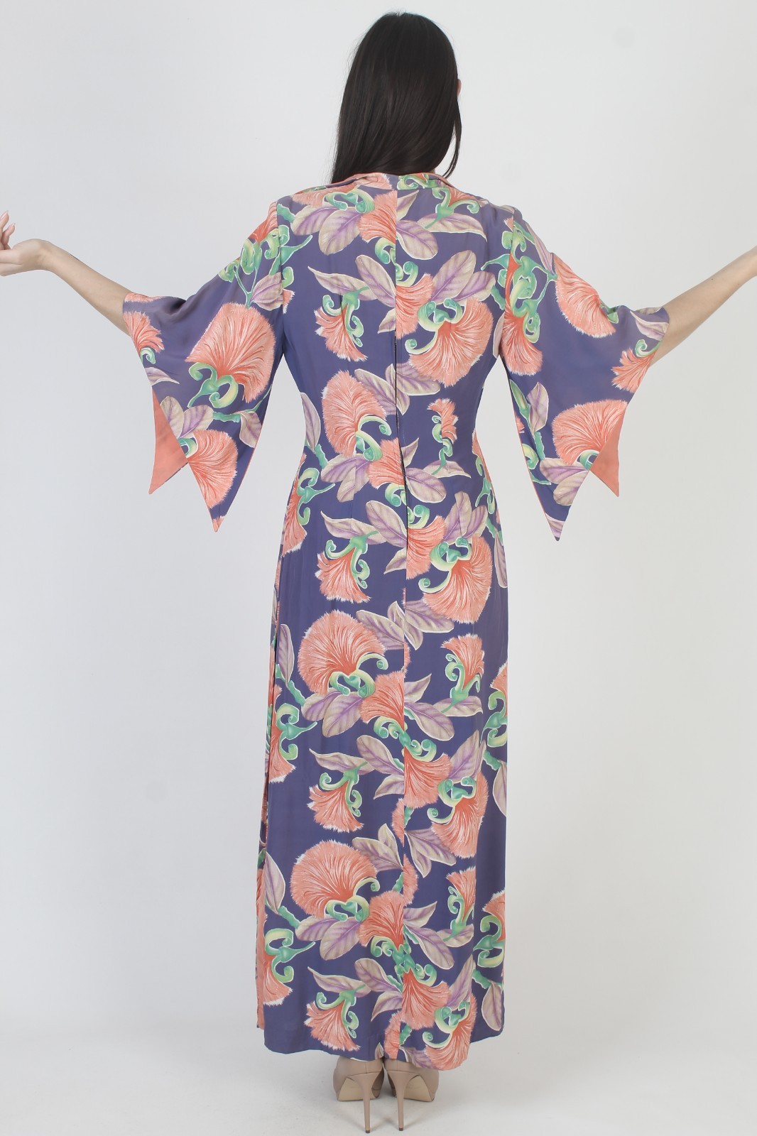 Vtg 40s Waikiki Sports Dress Honolulu Hawaii Rayon Kimono 50s MCM Tiki Pake Muu