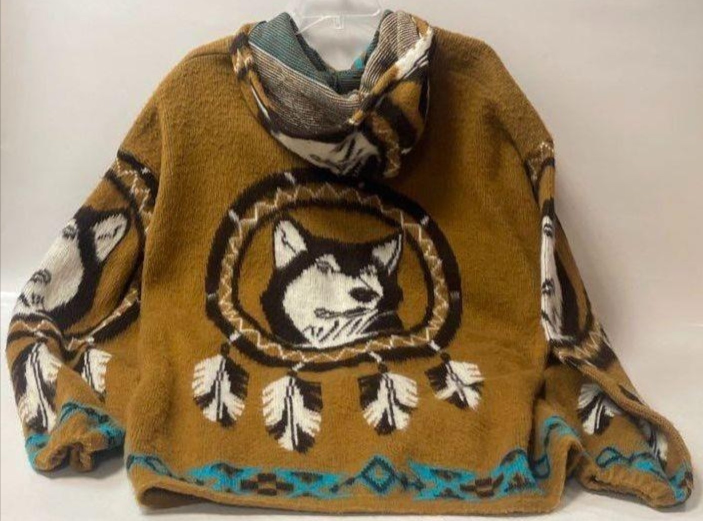 Artesanias Tuntaquimba Handmade Wool Wolf Sweater Jacket XL Native American WOW