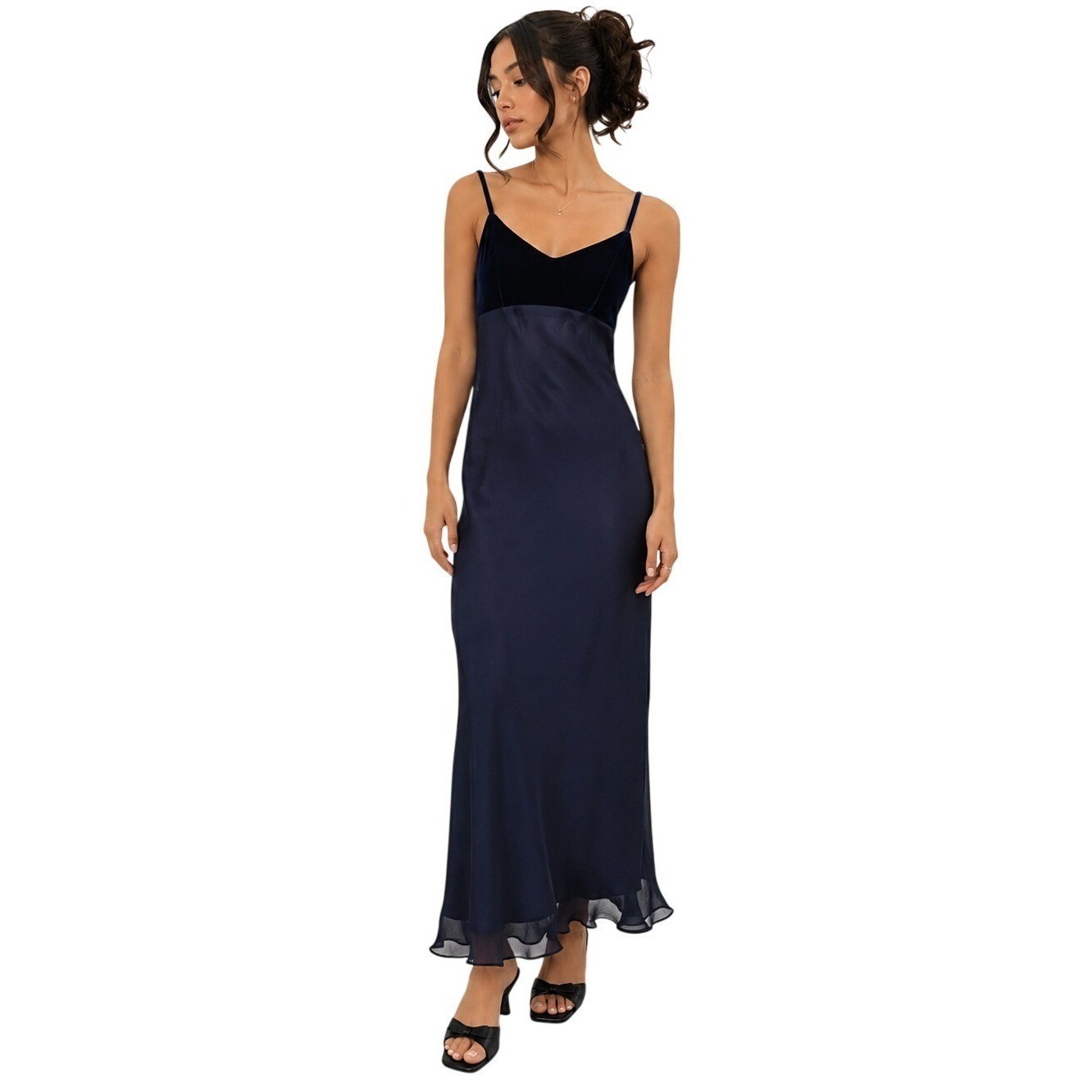 HAMPTON NITES Vintage Navy Blue Velvet Bodice Chiffon Maxi Gown Size 8