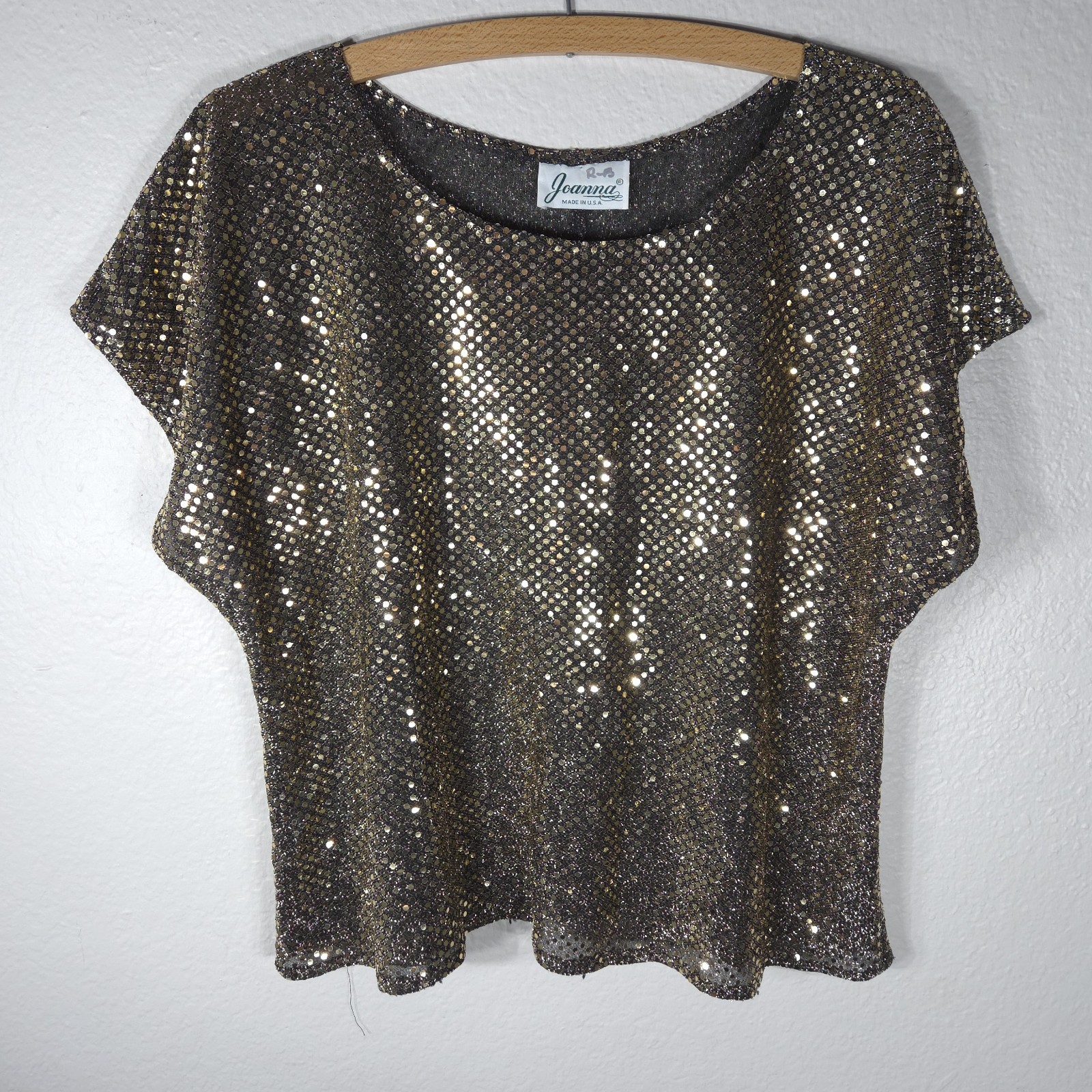 Vintage Joanna Sequin Sparkle Golden Top USA Size L Dolman Sleeves