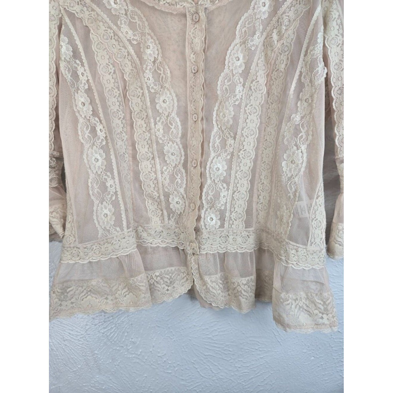 VTG Lacey Ruffle Blouse Tan Sheer Floral Lace Bell Sleeve Top Victorian Coquette