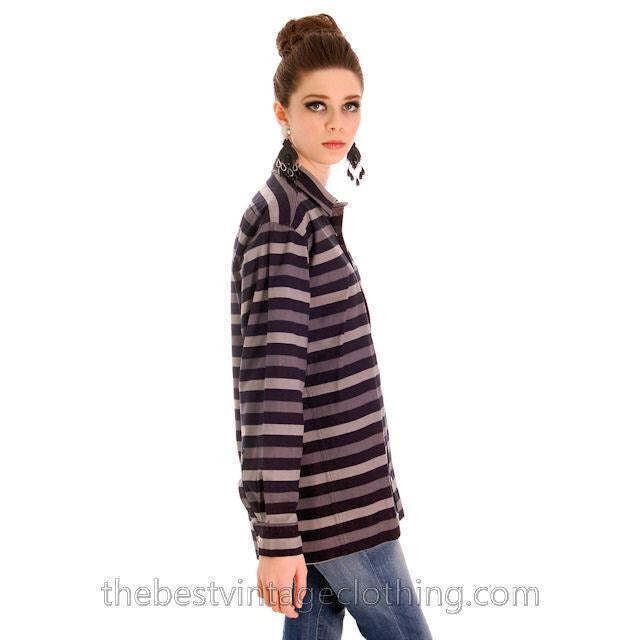 Vtg 70s Vuokko Cotton Stripe Jacket Top M Black Gray Charcoal Modernist Snaps