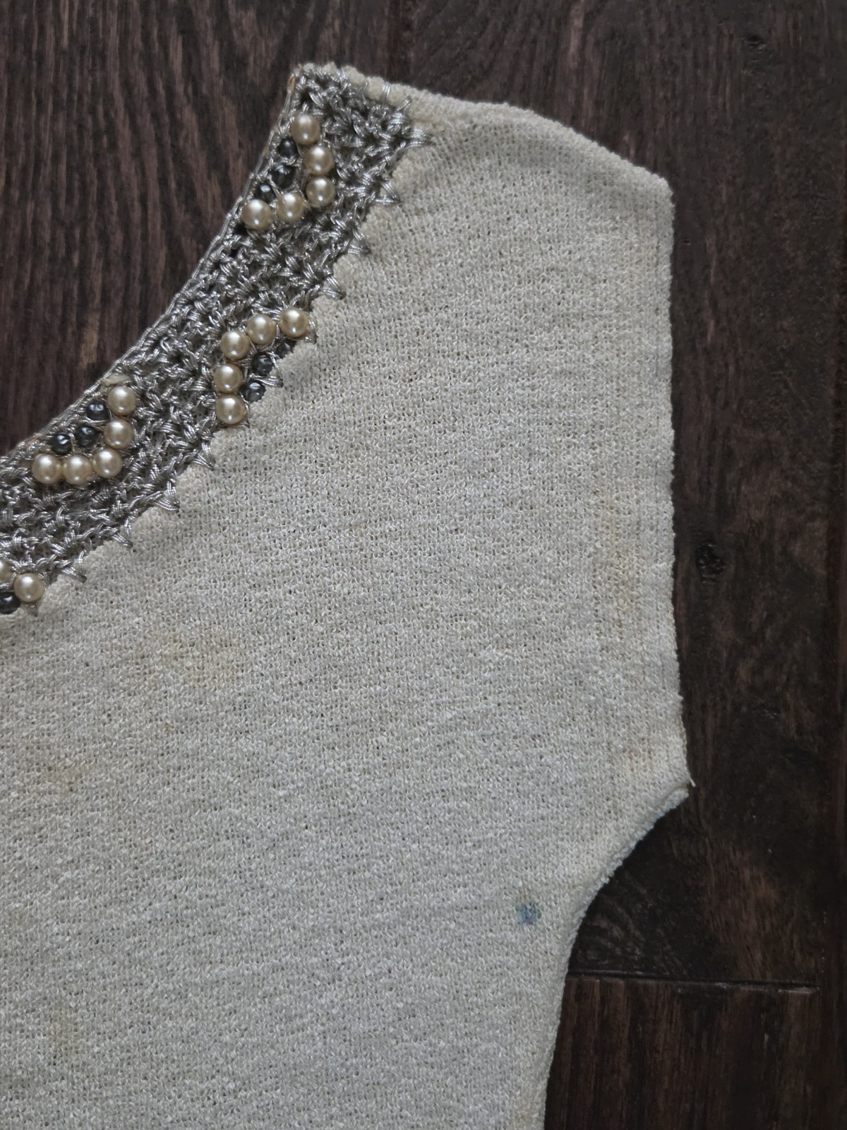 Boepple Creations Silk Knit Top Real Pearl Beaded Neckline Ivory Short Sleeve