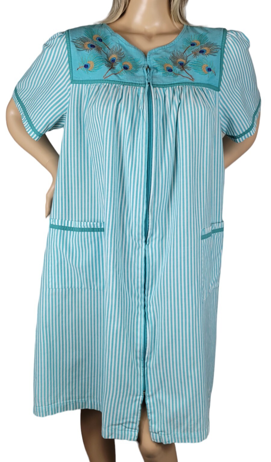 Vintage Go Softly Patio House Dress Stripes & Peacock Feathers Full Zip Boho XL