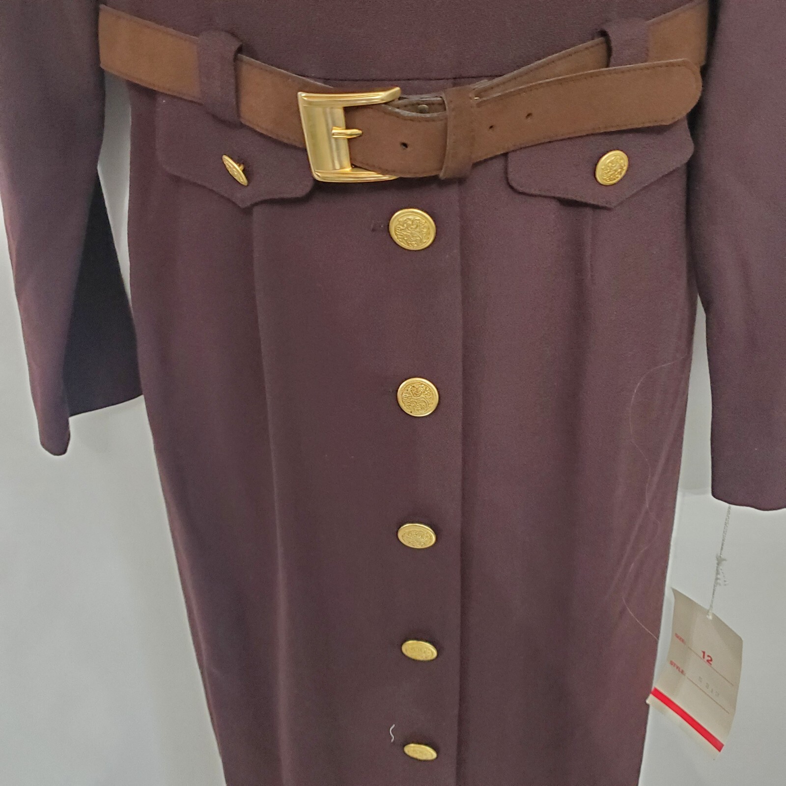 Vintage Oberon Wool Mocca Brown Belted Dress Gold Buttons Desinging Women