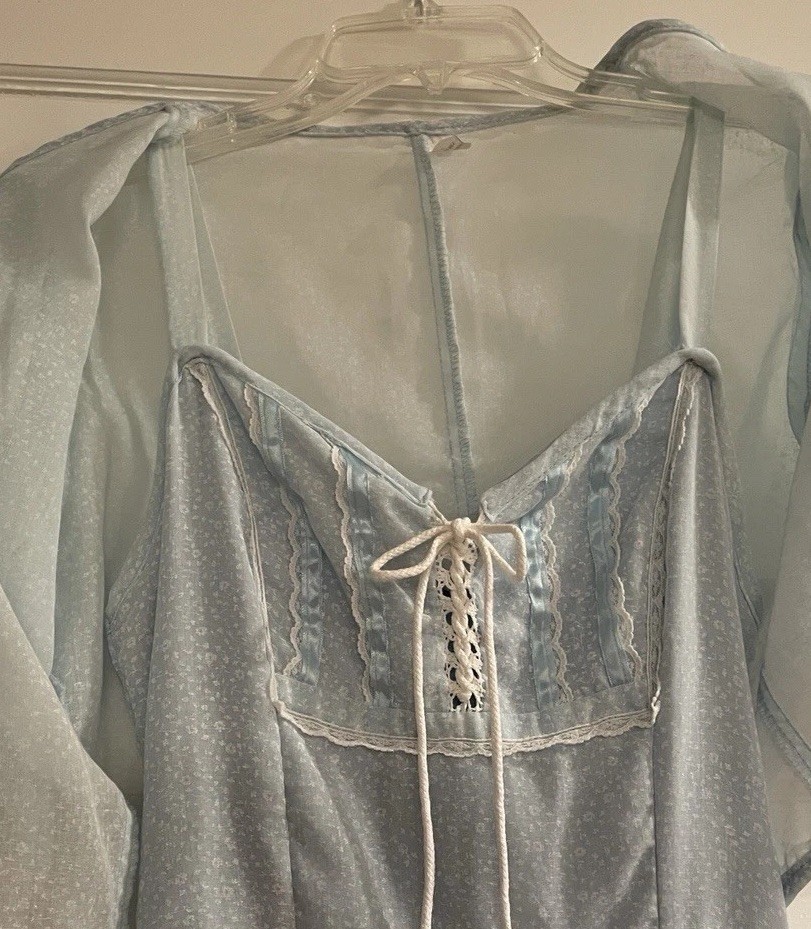Vintage 1970’s 2Piece Maxie Dress Size Small Pale Blue & White W Bolero Top