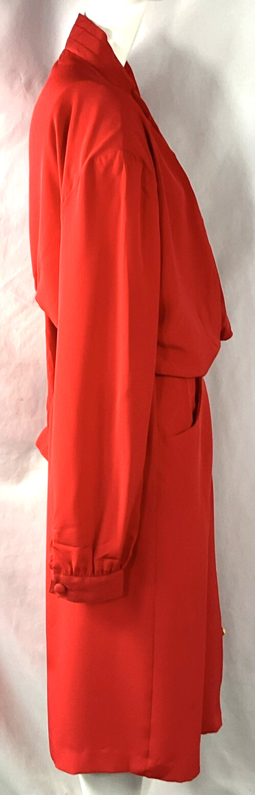 Retro 1980s Hana Sung Dress 14 Red Polyester Silkese Sumpreme Long Sleeve V-Neck