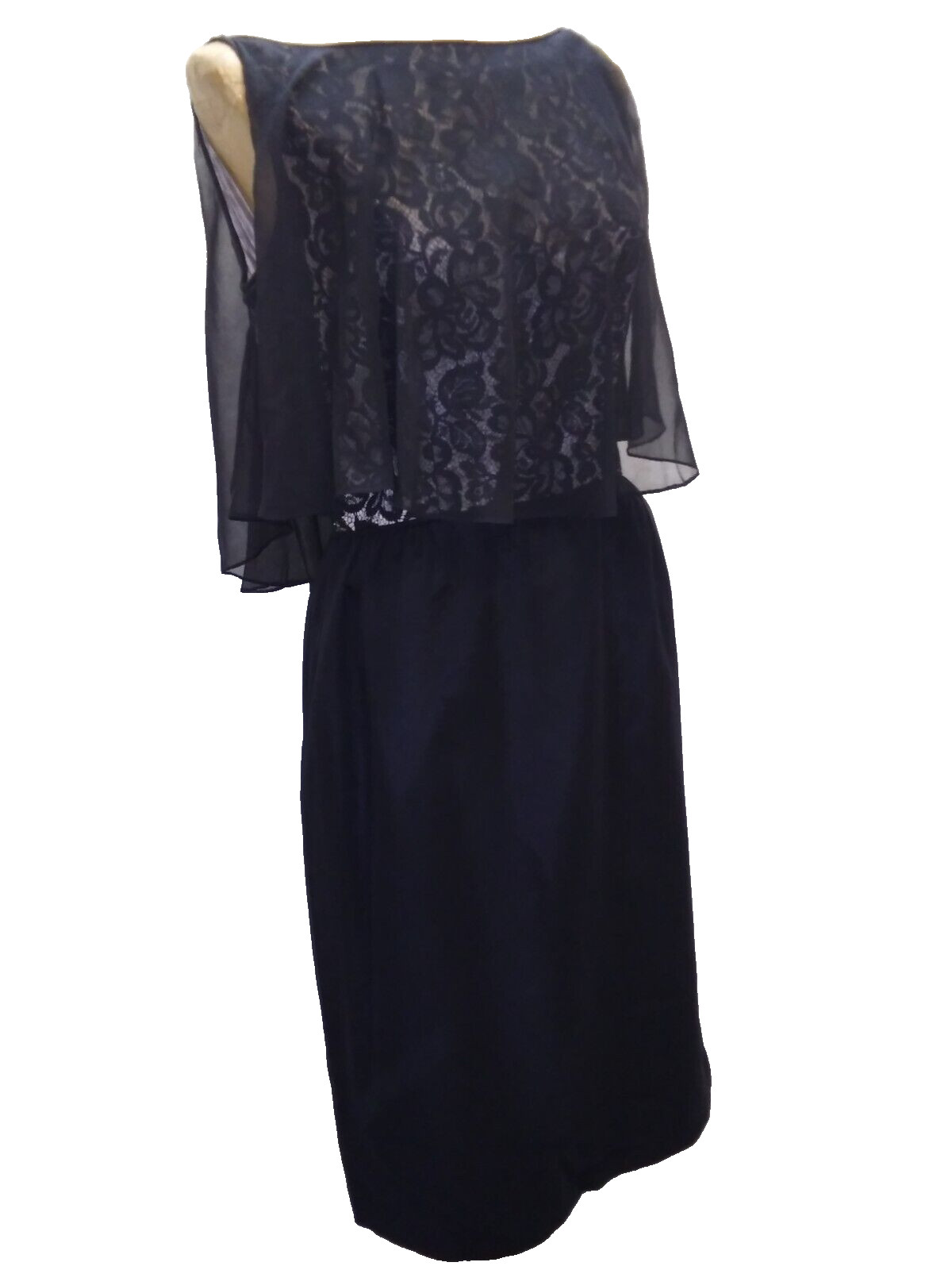 Vintage 1950’s 60’s Black Crepe Rayon & Chiffon Lace Cocktail Dress S/M