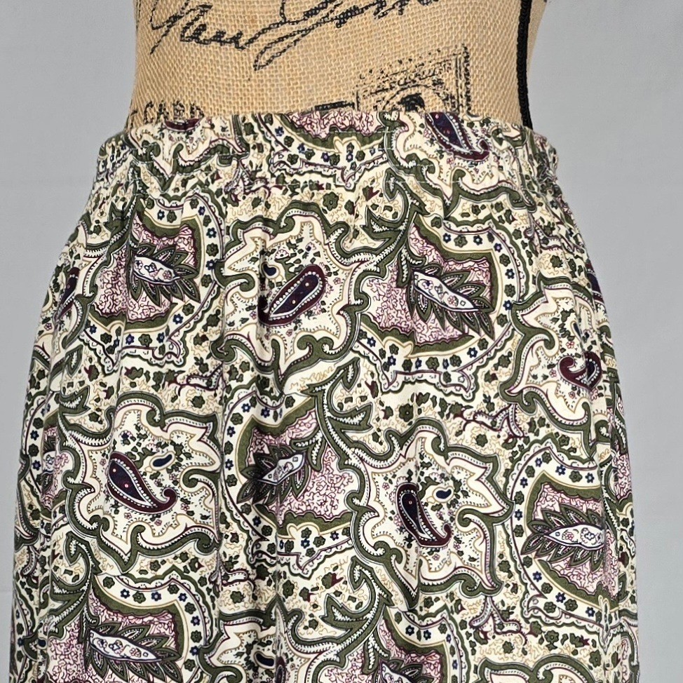Vintage Van Heusen for Her Paisley Maxi Skirt Cotton Elastic Waist Green Large