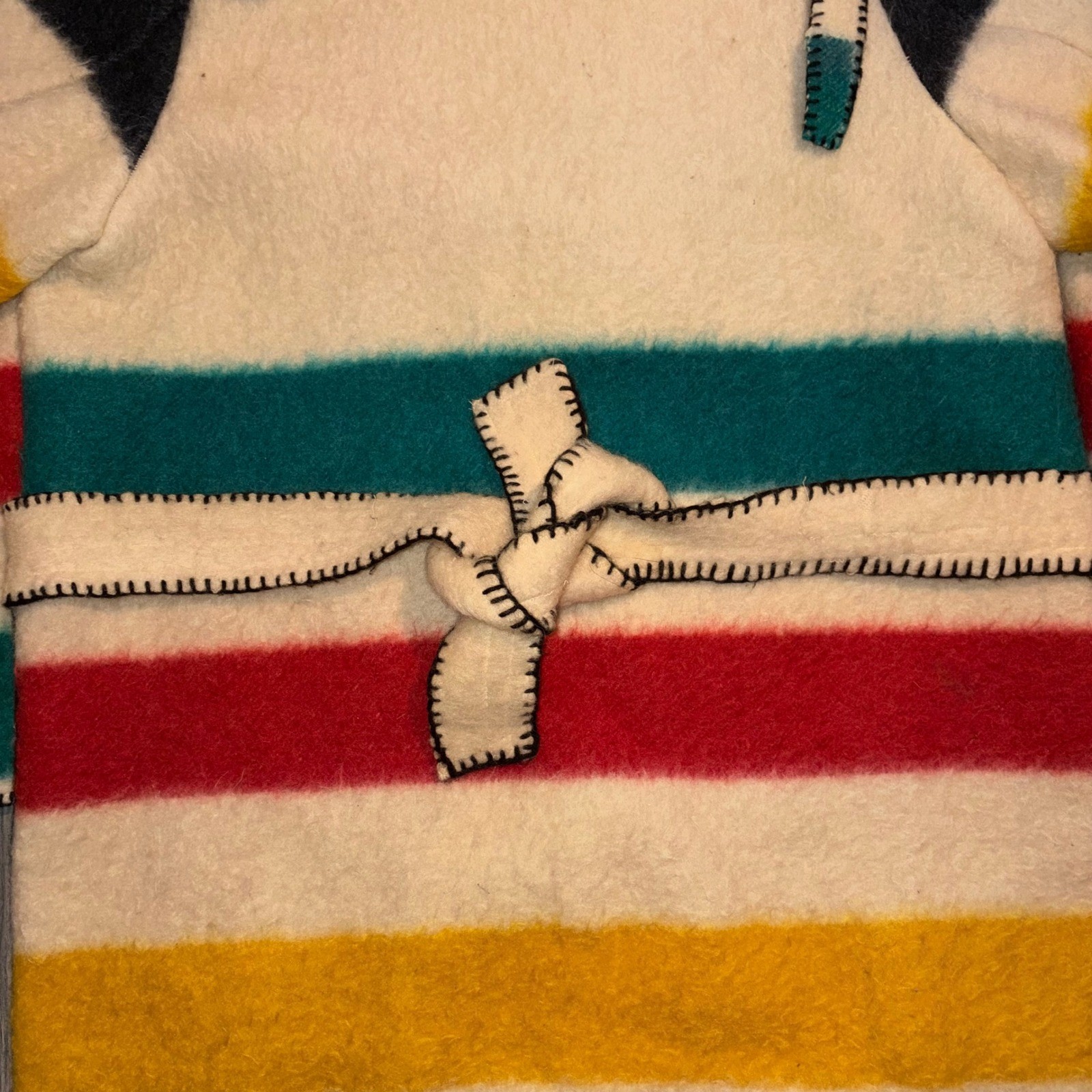 Vintage Handmade Hudson Bay Style Wool Blanket Coat Multi Stripe Hooded Belted