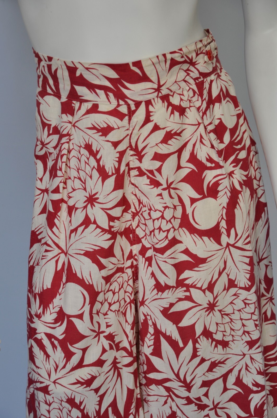 Vintage 1930s Red Tropical Floral Print Wide Leg Beach Pajamas Pants M/L