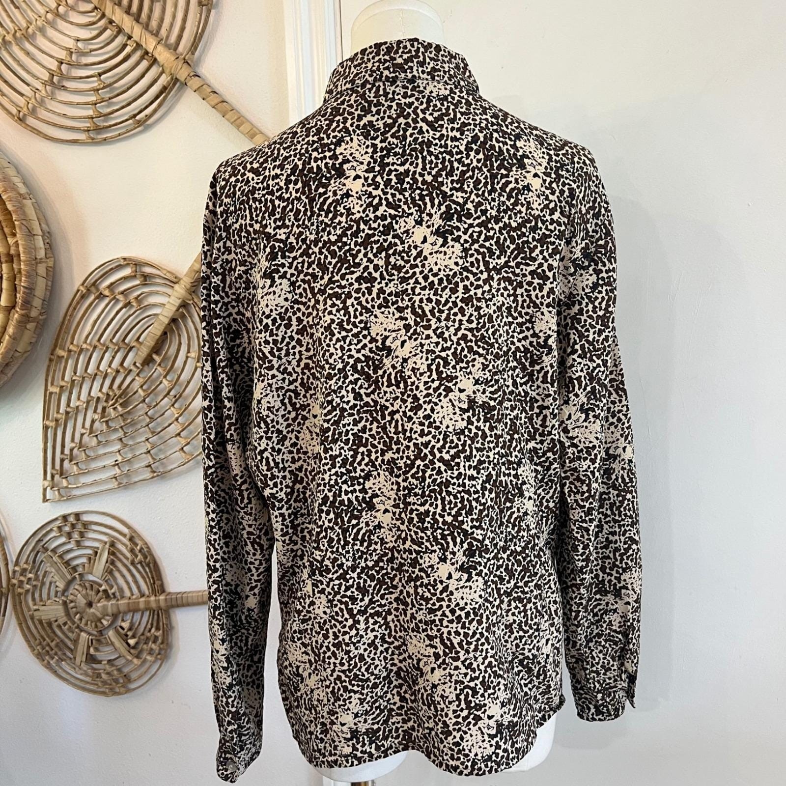 Vintage Silkland Brown Silk Leopard Print Button Up Blouse Large