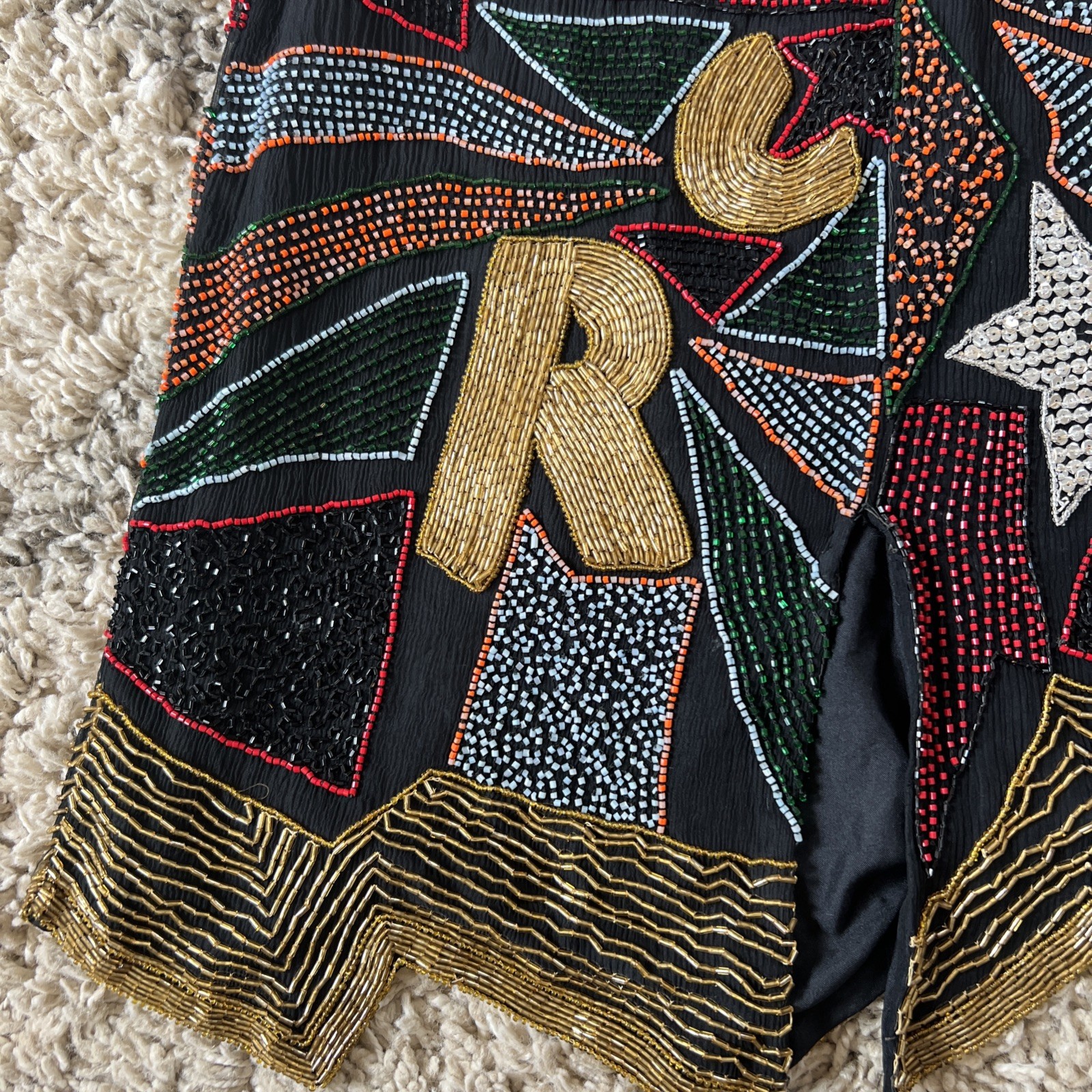 Vintage Retro Rainbow Sequin Alphabet Dress Glam Rocker Party Silk M Beaded