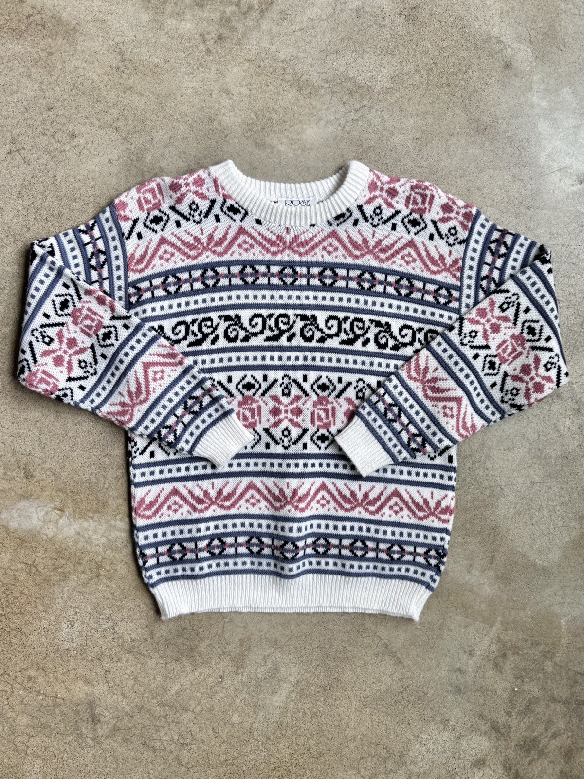Vintage 80s 90s Rose Pink/Purple Multi Pattern Ski Sweater Size S/M