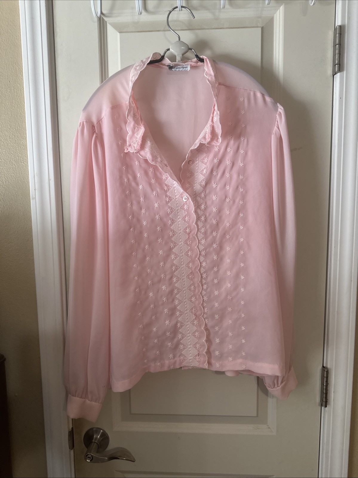 Pink Chiffon Blouse With Embroidery Lady Caribou 24” Across The Front 24”Length