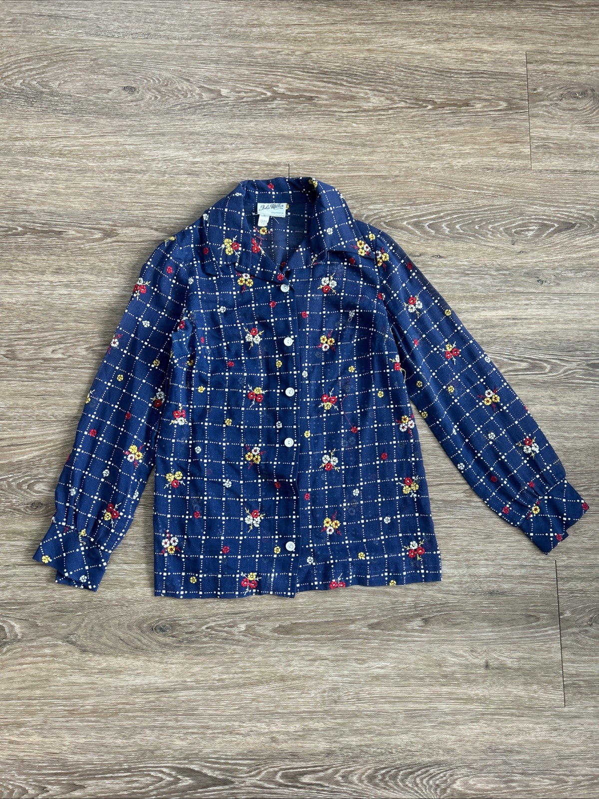 Vtg Womens JULIE MILLER California Blouse Hand Embroidered Sheer Shirt Navy Sz6