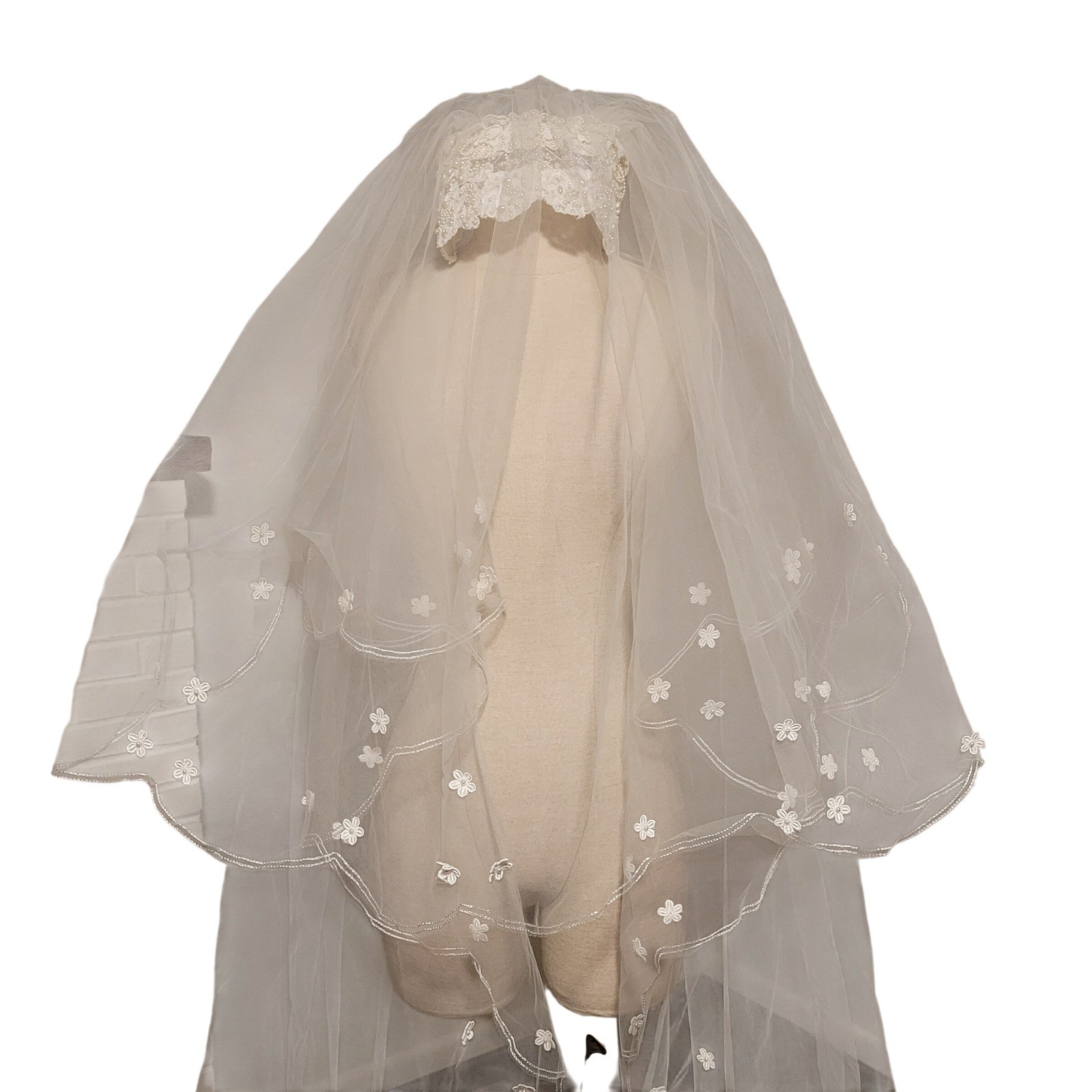Vintage Eve Of Milady Wedding Dress Matching Veil Sz XXS 2XS Lace Floral Beaded