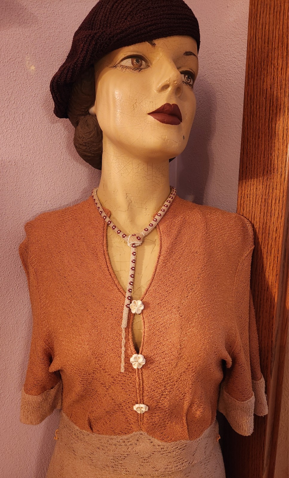 Vintage 1930s Two Tone Tan Knit Rayon Dress S