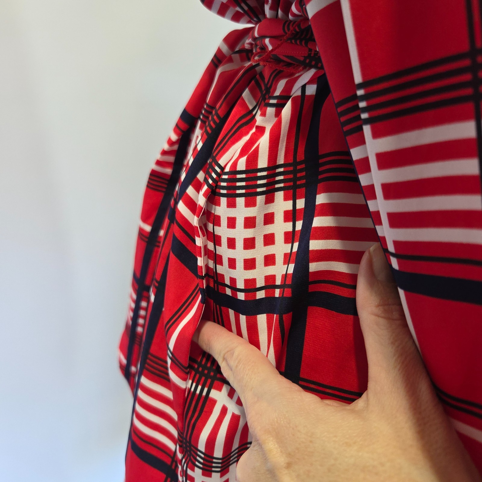 Vintage 70s Red Plaid Midi Shirt Dress Size L Tie Waist Long Sleeve Tartan