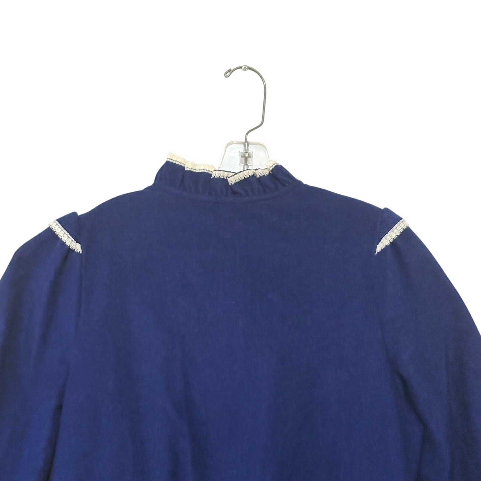 Famous Bodies Vintage Navy Blue Lace Trim Fleece Robe Nightgown L/XL 16-18 USA