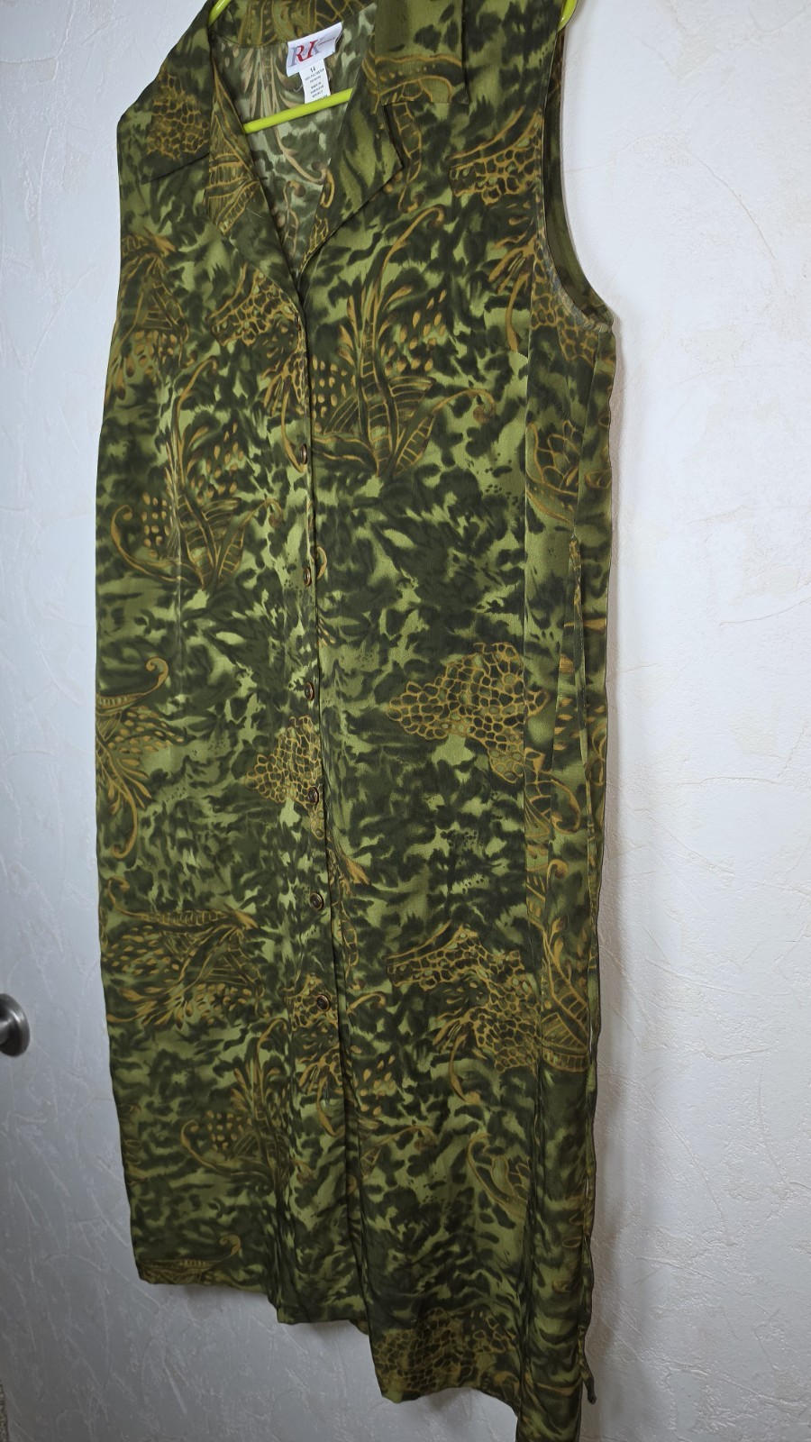 Vtg 90s R & K Originals Green Tropical & Animal Print Midi Dress Grunge Size 14