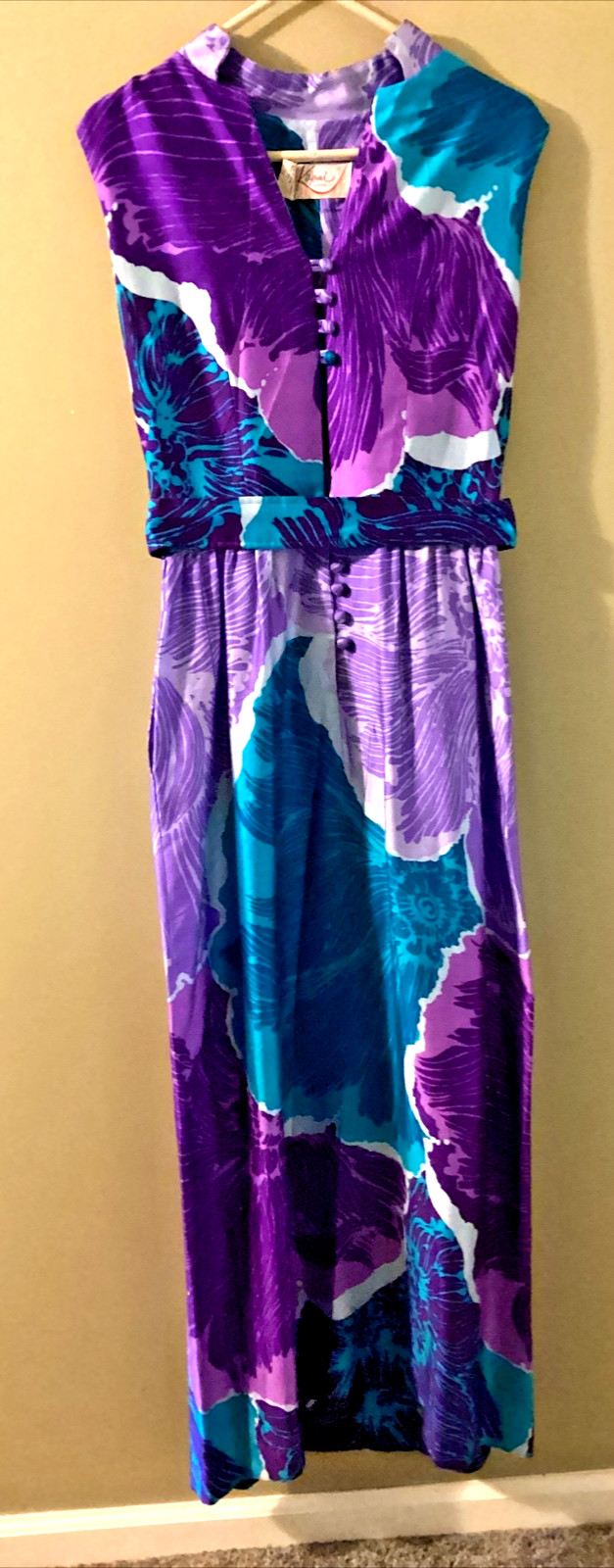VTG Kiyomi Hawaii Maxi Dress Purples & Blues Button Front Belt Sleeveless Sz 12