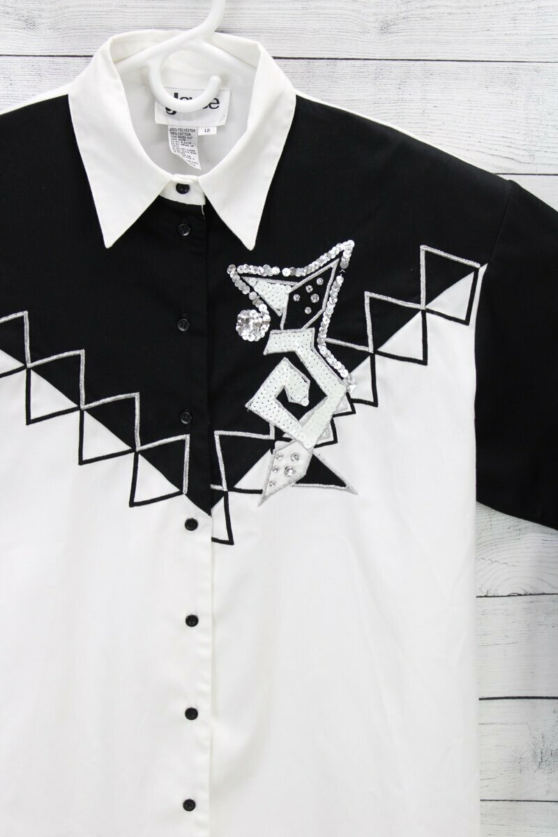 Vintage Joyce shirt Womens 12 Long Sleeve White black Sequin Bling 1980s