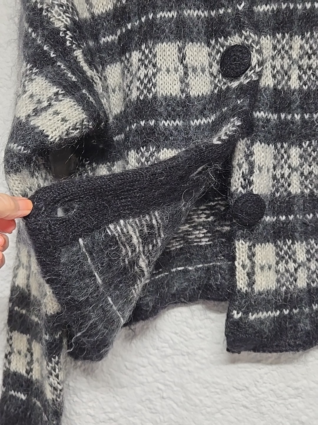 Vintage Boundary Waters Mohair Black White Striped Houndstooth Buttons Sweater