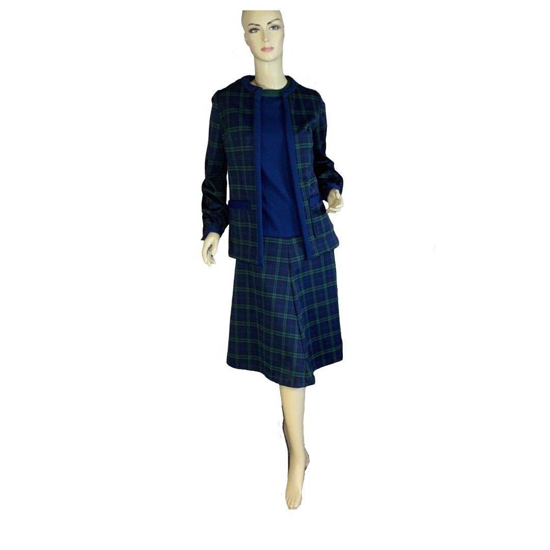 VINTAGE CIRCA 1960’S VOGUE COUTURIER BLUE PLAID DRESS & JACKET SET APPX MED