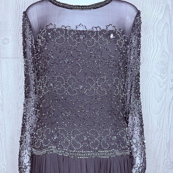 Vintage Ted lapidus long sleeve beaded sequin maxi dress silk 16 evening gown