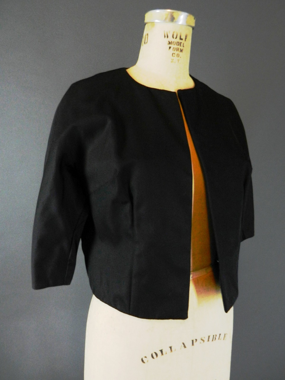 Vintage 1950s 50s Black Faille Bolero Cropped Open Blazer Cardigan Jacket M