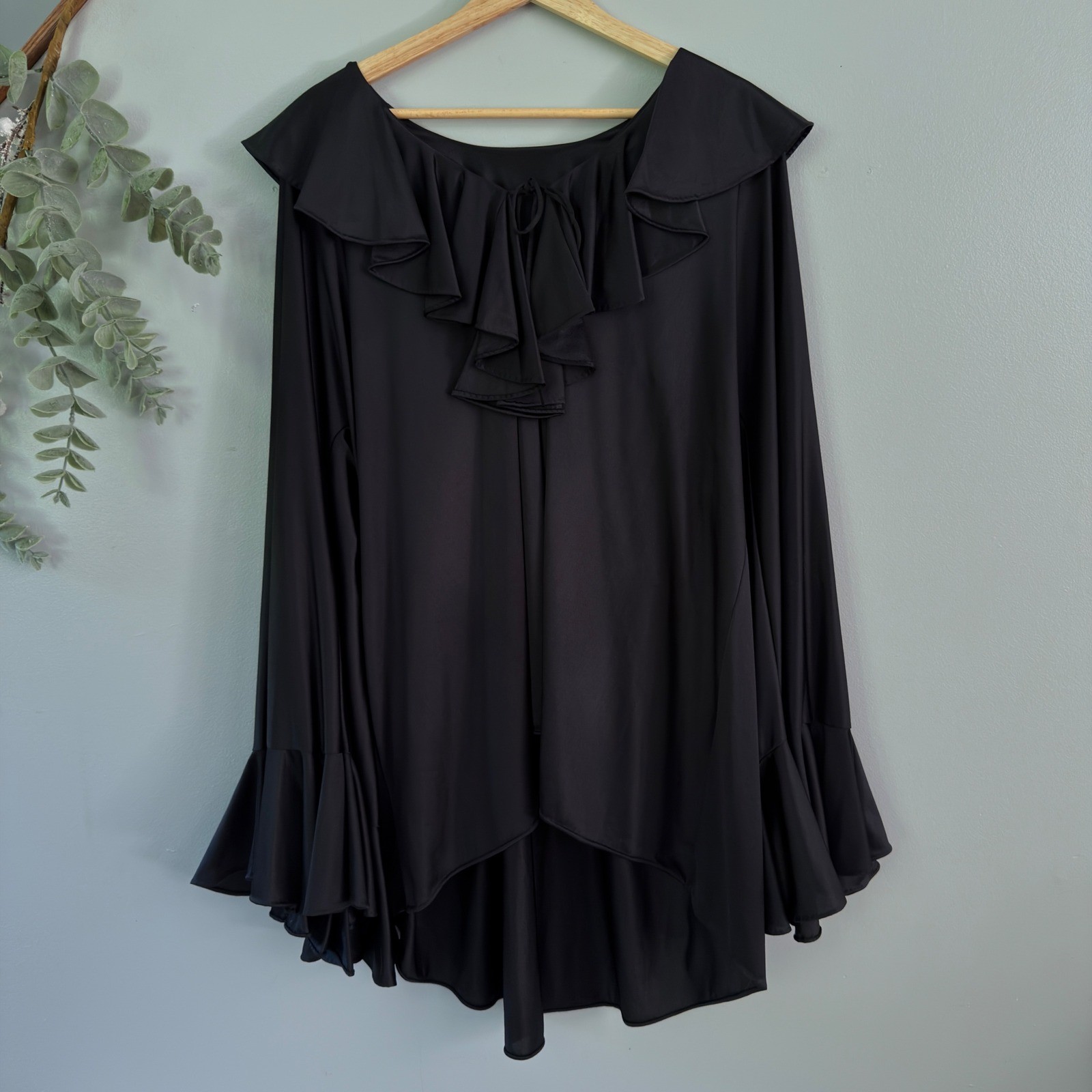 Vtg Halston Formfit Blouse Ruffle Witchy Black Gothic Vampy High Low Bell Sleeve