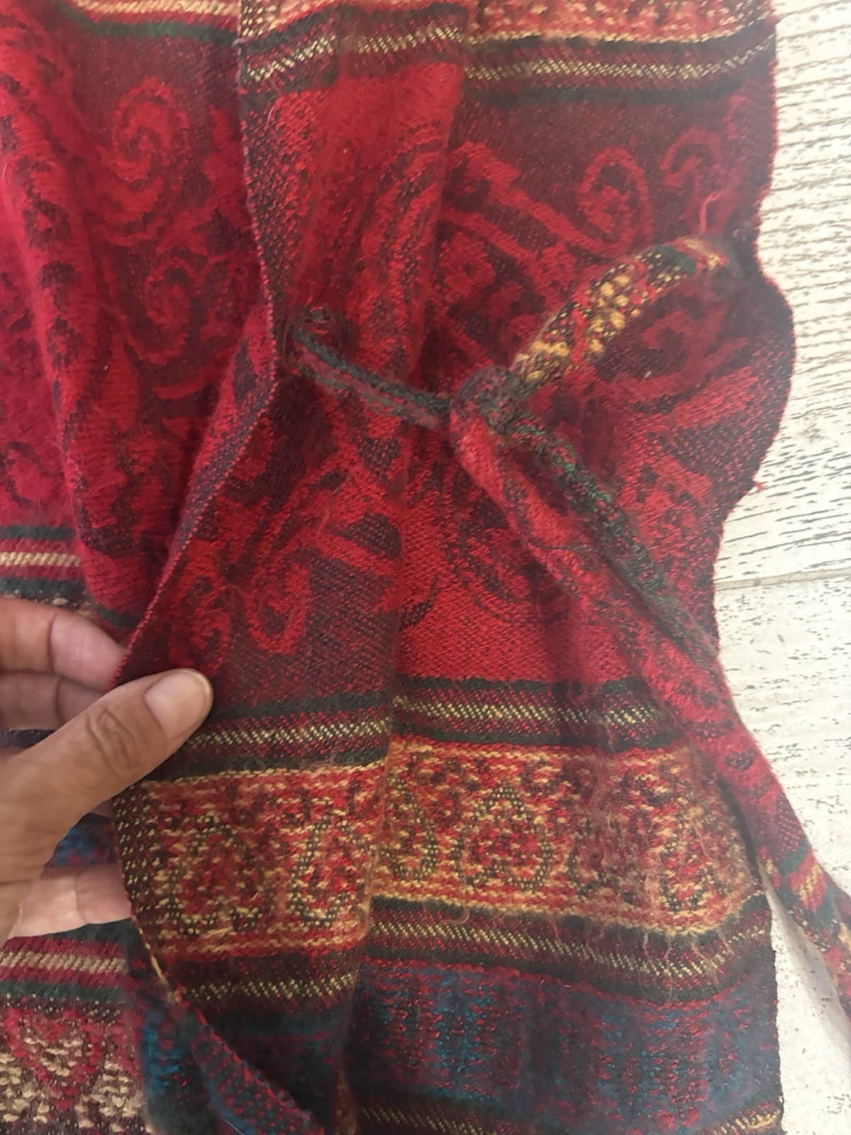 Vtg 70’s Aztec Boho Hooded Fringed Poncho One Size Indian Red Side Tie