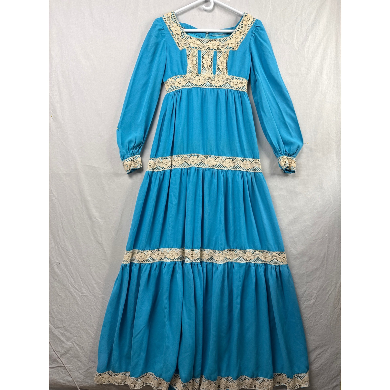 Vtg 70s Handmade Prairie Maxi Dress Women S Crochet Hippie Lace Empire Waist