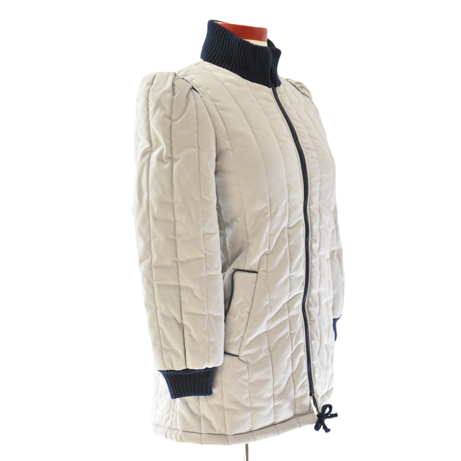 Pale Gray Quilted Puffer Coat Puff Sleeve Blue Rib Knit Stand Up Collar Womens12