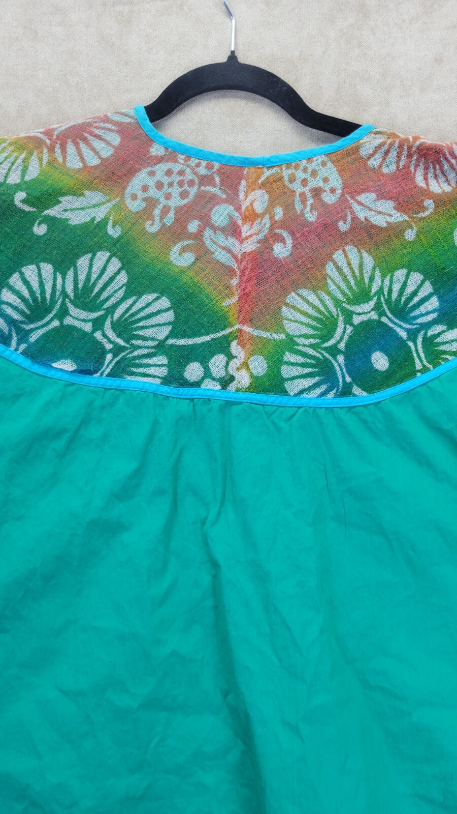Vintage Womens Teal Muumuu With A Multi Colored Cheese Cloth Vneck Design
