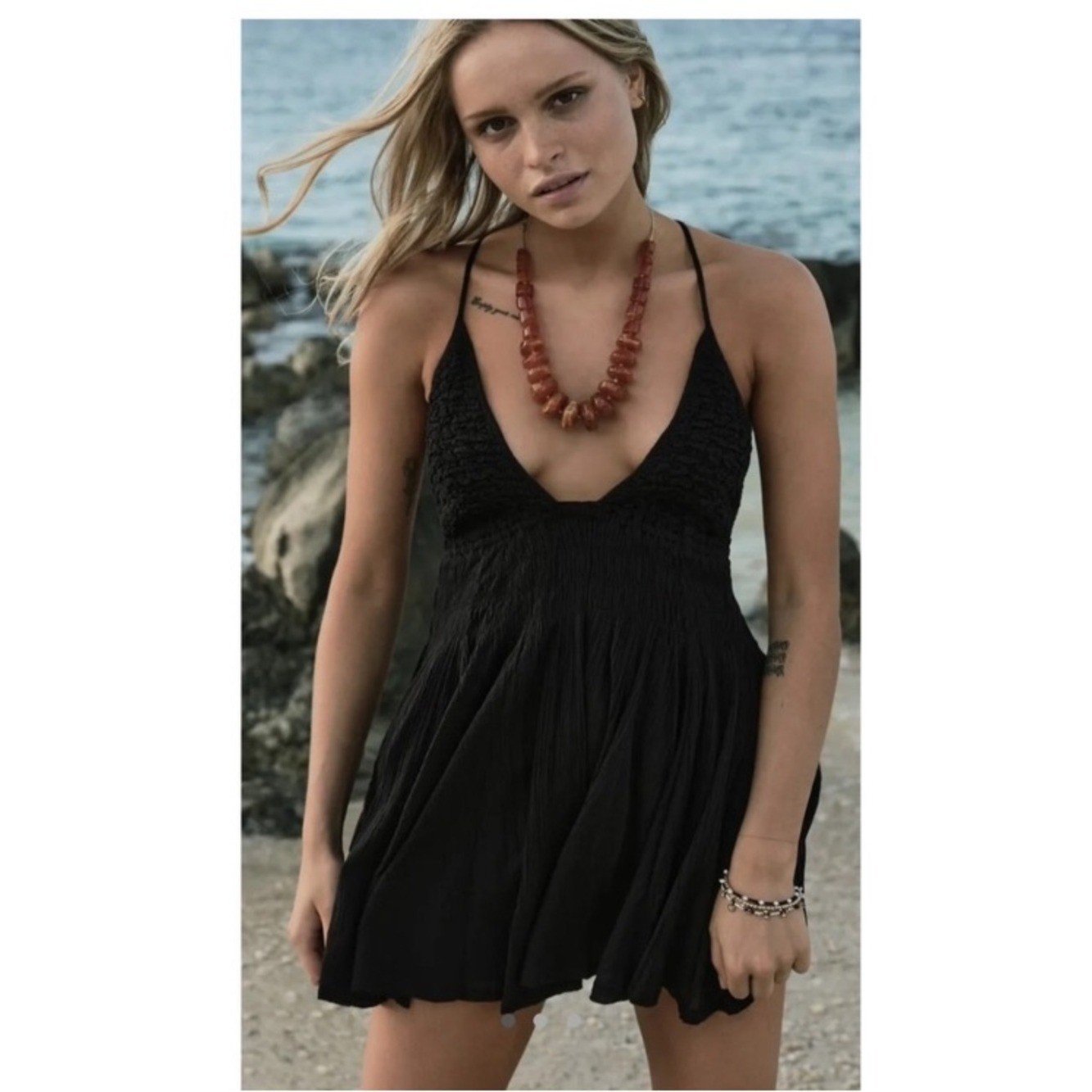 Free People Forever Favorite Mini Boho Dress Black XS