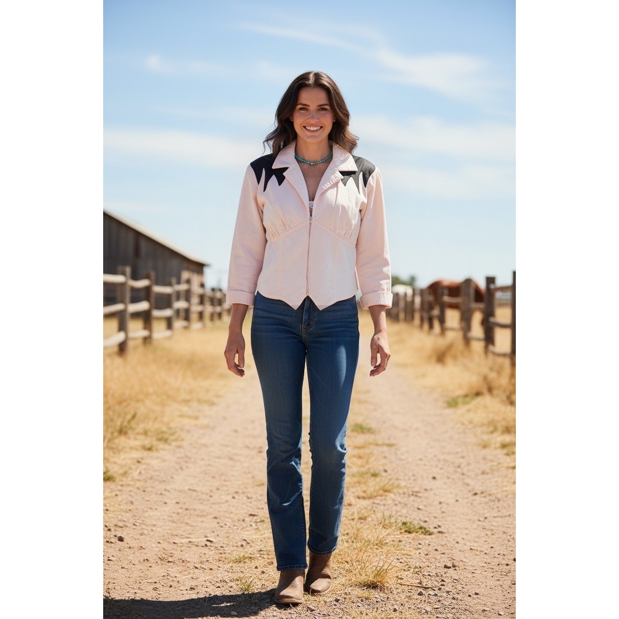 Vintage Western Zip Jacket 9 Blush Pink Black Rockabilly Yoke Cowgirl Ranch Wear