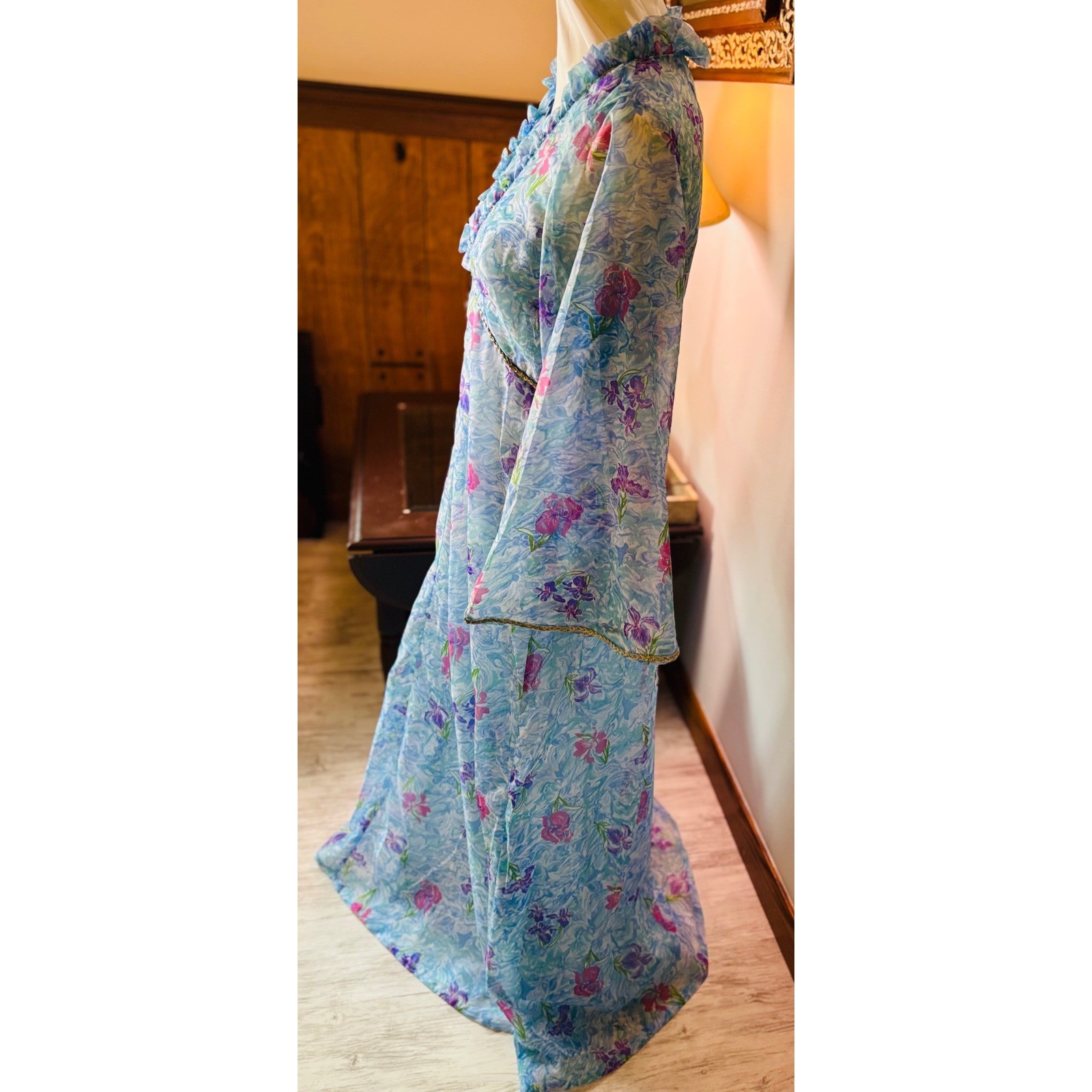 Vintage 60s Mad Men flower Dress Set, Sheer Layered Gown Bell Sleeve S/M