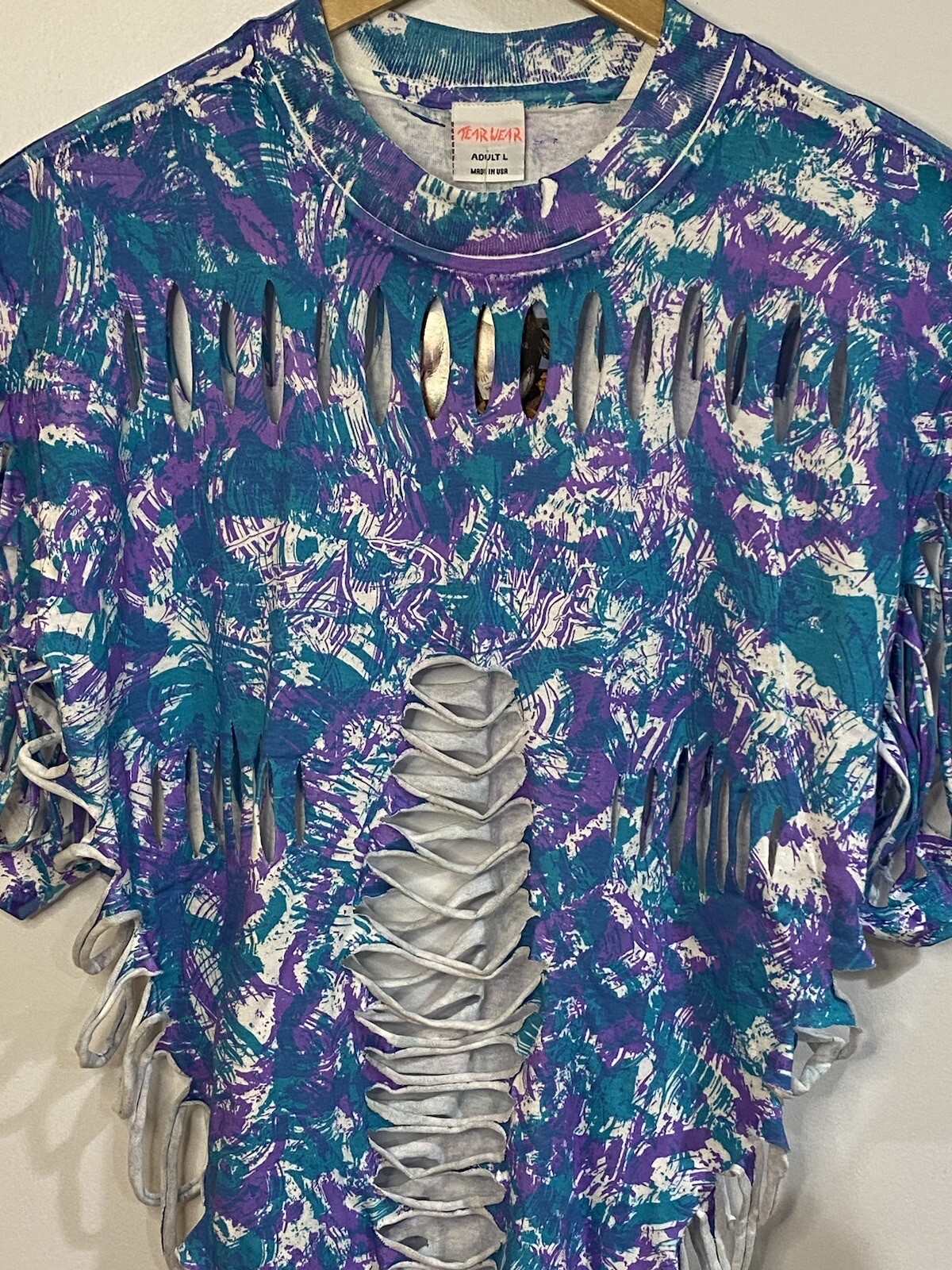 Vintage 80s Tear Wear Tie Dye Shredded T-Shirt Womens L Blue New Wave Punk Top