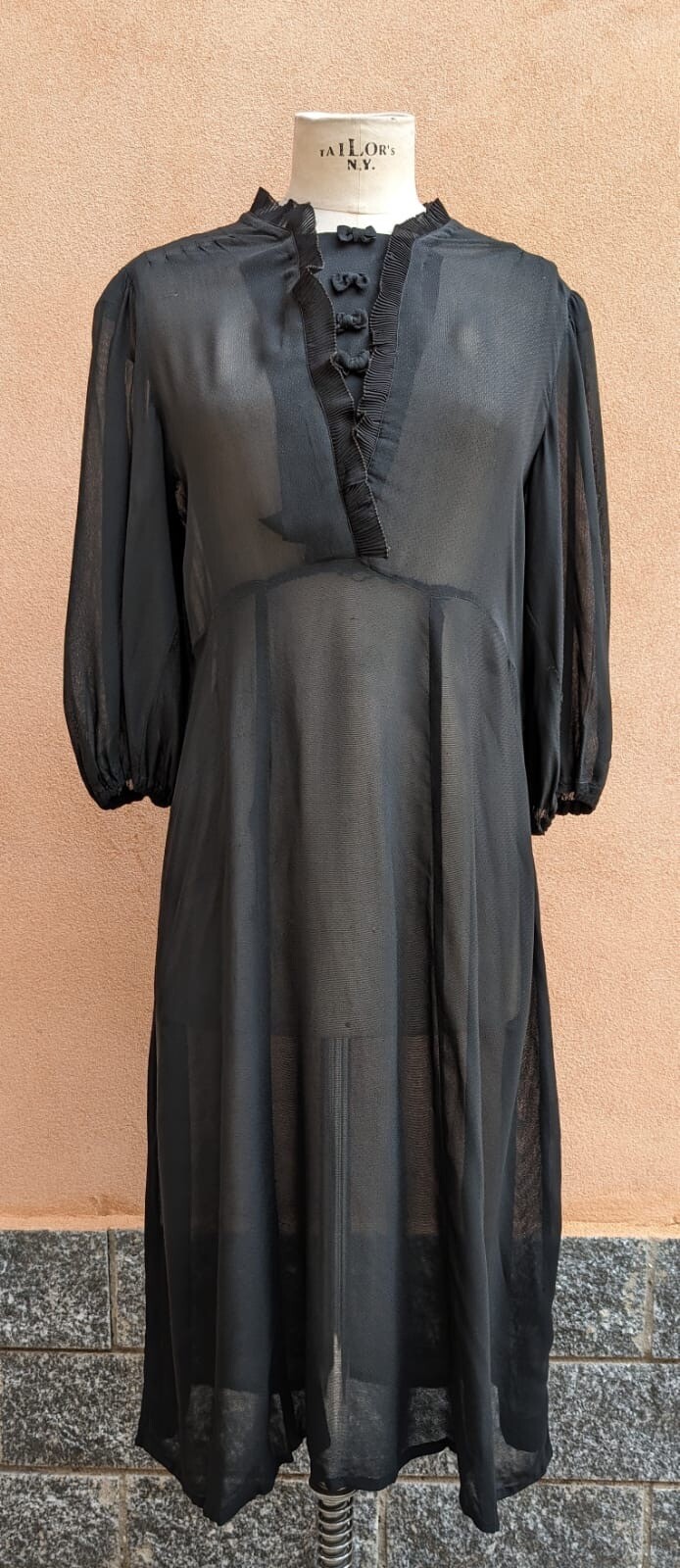1930’S SHEER BLACK CREPE DRESS W/ RUFFLES + BOWS + PUFF SLEEVES
