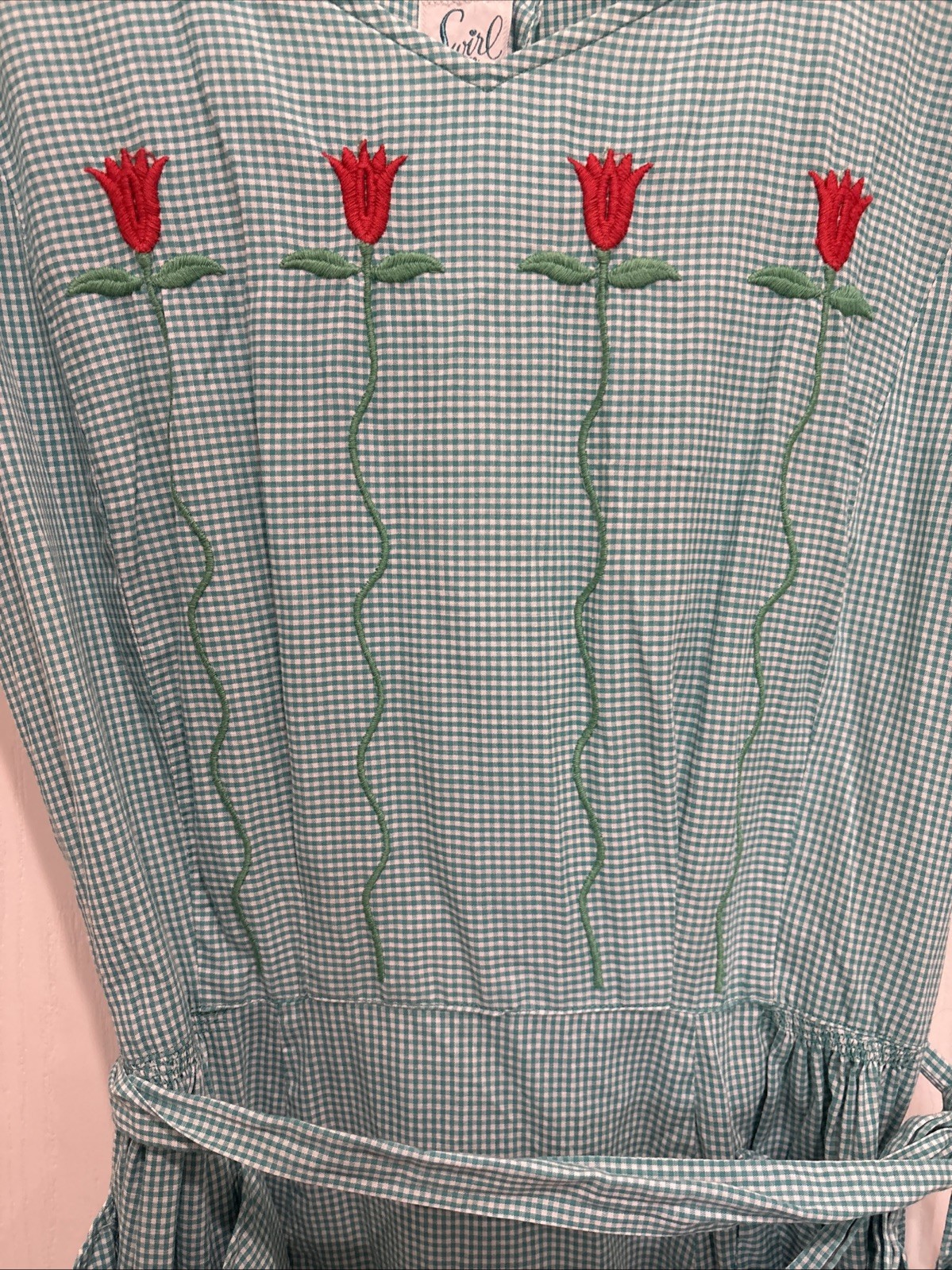 Vintage 1950s SWIRL Wrap Day Dress 50s Floral Embroidered green Gingham Cotton
