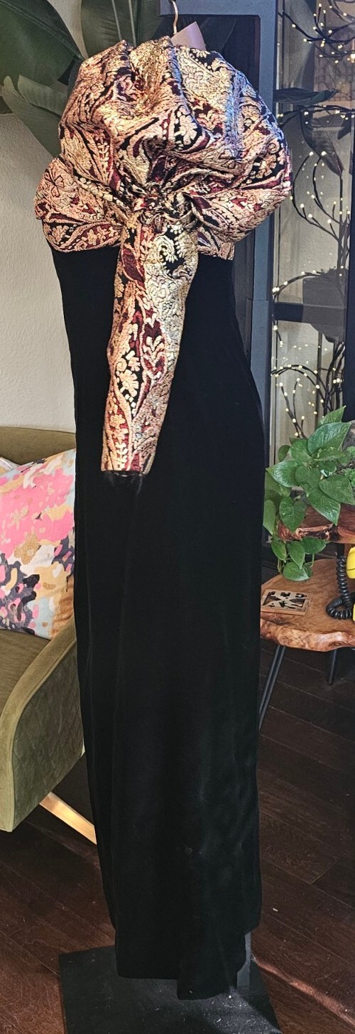 Vtg Eugene Alexander Black Velvet Floral Overlay Ball Prom Formal Dress Sm