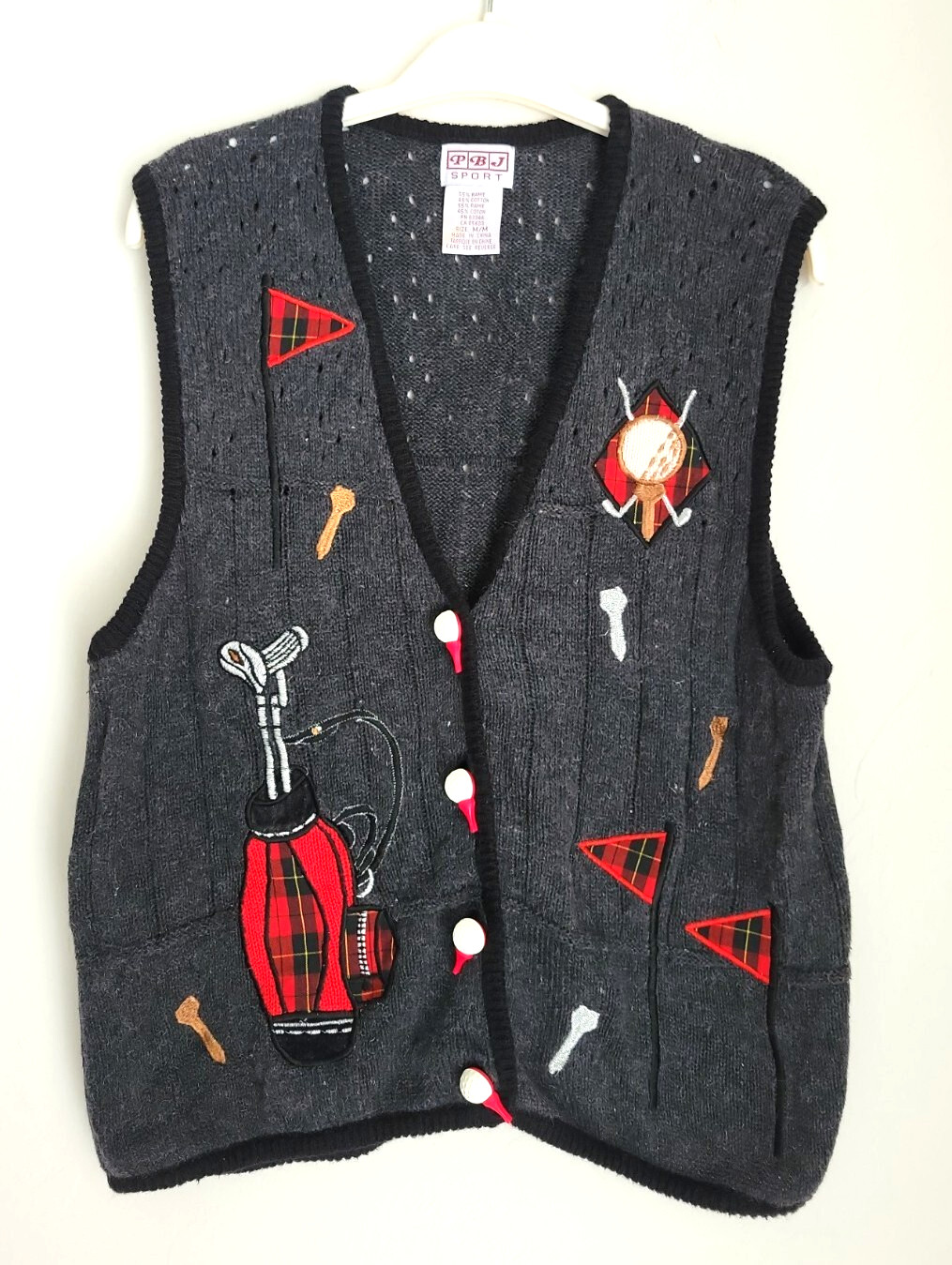 Vintage PBJ Sport cardigan sweater vest 80s golf theme gray embroidered sz M