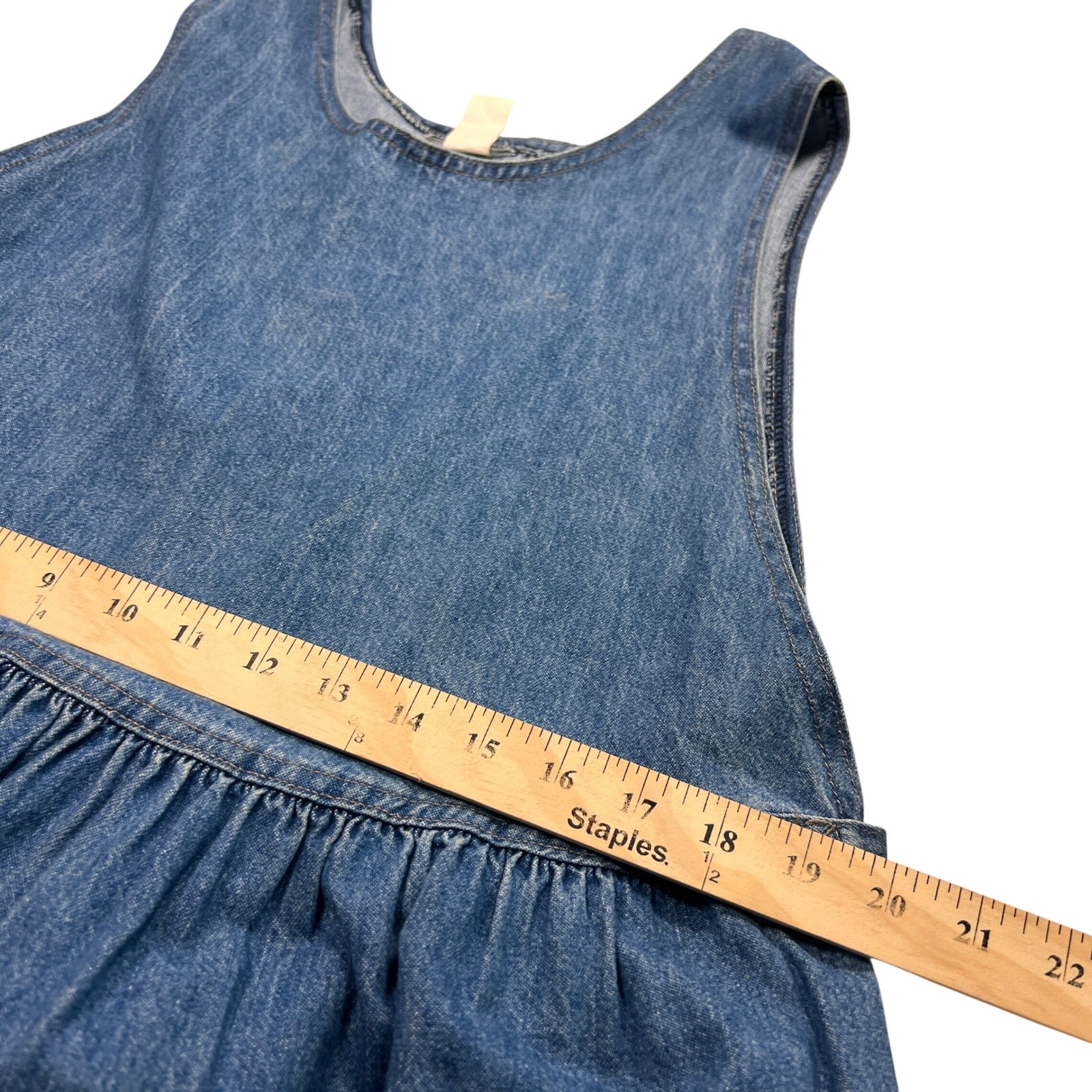 Vintage Denim Jumper Dress Women Size 14 Blue Pinafore Midi Cotton Drop Waist